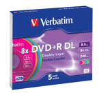 Verbatim DVD+R DL, 8x, 8,5GB/240min, 5-pack jewelcase, färgade